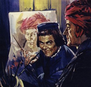 W Brugii Van Eyck namalował portrety, takie jak Człowiek w czerwonym turbanie (kolorowa litografia).