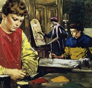 Jan i jego brat Herbert Van Eyck rozpoczęli życie jako praktykanci u lokalnego malarza (litografia kolorowa). autorstwa Luis Arcas Brauner