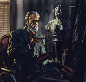 Renoir był przykuty do fotela kąpielowego z powodu reumatyzmu (kolorowa litografia)