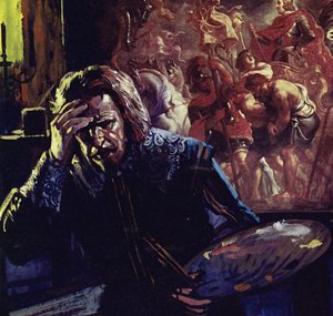 Zdrowie Rubensa zaczęło szwankować, ale pracował jeszcze przez trzy lata (kolorowa litografia) autorstwa Luis Arcas Brauner