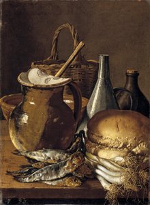 Martwa natura ze śledziami, szczypiorkiem, czosnkiem i przyborami kuchennymi autorstwa Luis Egidio Melendez