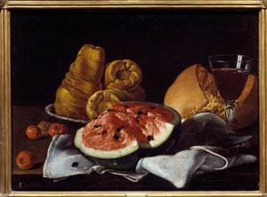 Kubek do pasty, chleba, ciasta i wina. Obraz Luisa Melendeza (1716 - 1780), szkoła hiszpańska