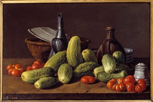 Martwa natura: ogórki, pomidory i pojemniki. Obraz Luisa Melendeza (1716-1780)