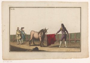 Matador rzuca wyzwanie bykowi Coleccion de las principales suertes de una corrida de toros (tytuł serii) Zbiór najważniejszych manewrów walki byków (tytuł serii) autorstwa Luis Fernandez Noseret