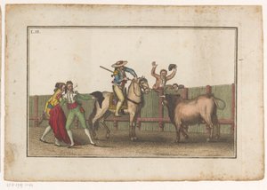 Picador celuje lancą w byka Coleccion de las principales suertes de una corrida de toros (tytuł serii) Zbiór najważniejszych manewrów walki byków (tytuł serii) autorstwa Luis Fernandez Noseret
