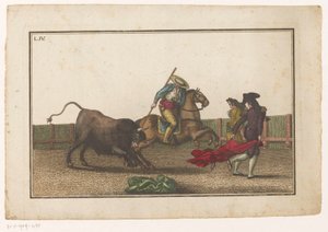 Picador wbija lancę w byka Coleccion de las principales suertes de una corrida de toros (tytuł serii) Zbiór najważniejszych manewrów walki byków (tytuł serii) autorstwa Luis Fernandez Noseret