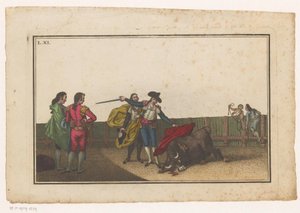 Byk ukąszony przez matadora Coleccion de las principales suertes de una corrida de toros (tytuł serii) Zbiór najważniejszych manewrów walki byków (tytuł serii) autorstwa Luis Fernandez Noseret