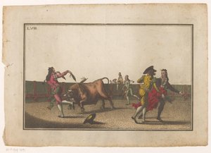 Byk zostaje wyzwany na banderille Coleccion de las principales suertes de una corrida de toros (tytuł serii) Zbiór najważniejszych manewrów walki byków (tytuł serii) autorstwa Luis Fernandez Noseret