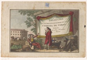Nadruk tytułowy z torreadorami i byczą skórą Coleccion de las principales suertes de una corrida de toros (tytuł serii na obiekcie) Zbiór najważniejszych manewrów walki byków (tytuł serii) autorstwa Luis Fernandez Noseret