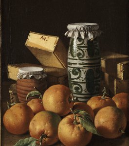 Martwa natura z pomarańczami, słoikami i pudełkami słodyczy autorstwa Luis Egidio Melendez