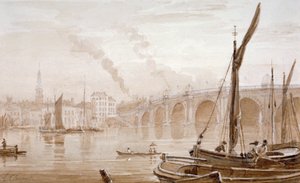 Widok na most Blackfriars od brzegu Surrey, z łodziami na pierwszym planie, Londyn, c1825 autorstwa Luke Clennell