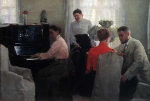 Pretendent (młody mężczyzna zaloty pod okiem dwóch żeńskich przyzwoitek, z których jedna gra na pianinie) (Pan Młody) - Obraz Lukiana Wasiljewicza Popowa (1873-1914), olej na płótnie (54x80 cm) autorstwa Lukjan Vasilievich Popov
