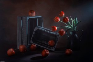 Mroczna martwa natura z motywami kwiatowymi i owocowymi