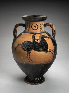 Amfora szyjna z czarną figurą i dwoma jeźdźcami, 560-540 p.n.e. (terakota) autorstwa Lydos (manner of)