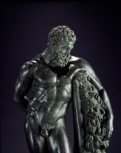 Sztuka grecka: „”Herakles w spoczynku”” Szczegół. Rzeźba z brązu Lysippe z Sicyone (395-305 pne) IV wiek pne. Z Sanktuarium Ercole Curino, Sulmona. Museo Nazionale Archeologico, Chieti Włochy - Herakles (Herkules) odpoczywa - Fragment rzeźbiarza z brązu