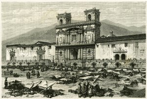Katedra w Quito (stolica dzisiejszego Ekwadoru) i popularna rozrywka na jej placu. Grawerowanie autorstwa Clergeta i Ferdinandusa, ilustrujące historię „Equinoxiale America”” autorstwa M. (after) Ferdinandus