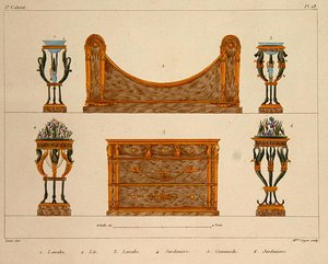 Wzory mebli rytowane przez panią Soyer, tablica 28 z „Modeles de Meubles et de decorations interieures pur les Meubles”, opublikowana 1828/41 (kolor litho) autorstwa M. (after) Santi
