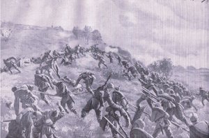 Odbicie Szawla. Szturm na grzbiet, z Ilustrowanej Historii Wojny Światowej 1914-1915 wyd. przez Union Berlagsefellfchaft autorstwa M. Barascudts
