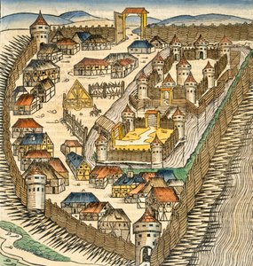 Sabatz, ilustracja z "The Liber Chronicle" (Kronika Norymberska) Hartmanna Schedla (1440-1514), wyd. Norymberga, 1493 (rycina ręcznie kolorowana) autorstwa M. and Pleydenwurff, W. Wolgemuth