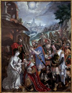 Adoracja Trzech Króli. Nad Świętą Rodziną i Trzech Króli, gwiazdą pasterza. Obraz Maaertena de Vos (Martin de Vos, Marten de Vos) (1532-1603), sztuka flamandzka XVI wiek. Muzeum Sztuk Pięknych w Valenciennes.