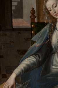 Pokłon Trzech Króli, Tryptyk, Prawa tylna część panelu, detal, obraz na drewnie autorstwa Maarten de Vos