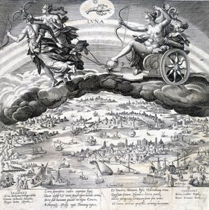 Luna: alegoria Księżyca (Diana) i znajdującego się pod jej wpływem Skorpiona (znak zodiaku) - rycina Maaertena de Vos (Martin de Vos, Marten de Vos) (1532-1603), b.d.