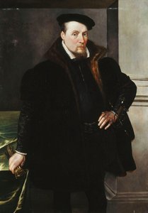Portret dżentelmena, 3/4 długości, w czarnym płaszczu z futrzaną podszewką, 1551 autorstwa Maarten de Vos