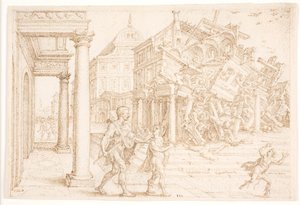 Samson niszczy dom z Filistynami autorstwa Maarten van Heemskerck