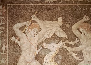 Polowanie na jelenia, szczegół przedstawiający myśliwych, z "Domu uprowadzenia Heleny" (mozaika) autorstwa Macedonian