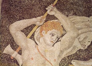 Polowanie na jelenie, fragment myśliwego, z mozaiki Dom uprowadzenia Heleny
