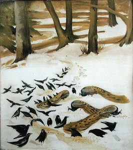 Ptaki żerujące na śniegu (akwarela na papierze) autorstwa Madeline Wyndham