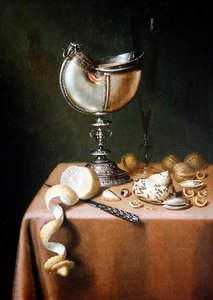 Martwa natura z filiżanką Nautilus, obraną cytryną i orzechami włoskimi (olej na panelu)