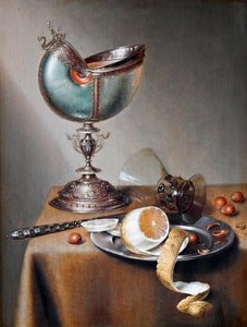 ""Nature morte a la coupe nautile"" (Martwa natura z Nautilus Cup) Peinture de Marten Boelema de Stomme (1611-1644) - Olej na desce Dim 50x38 cm Hallwylska Museet, Sztokholm