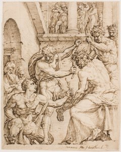 Chrystus ukoronowany cierniem, c. 1548 (Pióro, brązowy tusz i czarna kreda na papierze płowym) autorstwa Maerten van Heemskerck