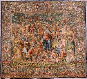 Muzeum Diecezjalne (Muzeum Diecezjalne). Flamandzki gobelin. Bruksela. Warsztaty François Geubels. Seria Historia Gideona. Izraelici przekazują swoją część łupu Gedeonowi. Jedwab i wełna. Zapis Biszou autorstwa Maerten van Heemskerck