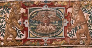 Muzeum Diecezjalne (Muzeum Diecezjalne). Flamandzki gobelin. Bruksela. Warsztaty François Geubels. Seria Historia Gideona. Izraelici przekazują swoją część łupu Gedeonowi. Jedwab i wełna. Zapis Biszou autorstwa Maerten van Heemskerck