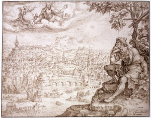 Jonasz siedzący pod wazą kontempluje miasto Niniwa, 1566 (pióro i brązowy tusz pisane rylcem na papierze)