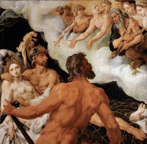 Piesze Marsa i Wenus w filecie z Wulkaina - Mars i Wenus uwięzione w sieci Wulkana - Maarten Jacobsz van Heemskerck (1498-1574). Olej na drewnie, ok. 1540. Wymiar: 96x99 cm. Muzeum Historii Sztuki, Wiedeń