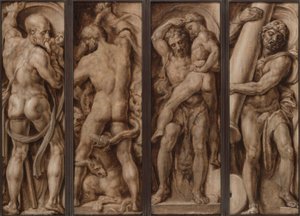 Saturn pożerający dziecko; Herkules zabijający Hydrę; Herkules podnoszący Antaeusa; Herkules wznoszący kolumny Calpe i Abyla autorstwa Maerten van Heemskerck