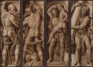 Saturn pożerający dziecko; Herkules zabijający Hydrę; Herkules podnoszący Anteusza; Herkules wznoszący słupy Kalpe i Abyli autorstwa Maerten van Heemskerck