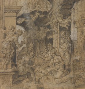 Adoracja pasterzy, verso: Szkice, ca. 1532-37. autorstwa Maerten van Heemskerck