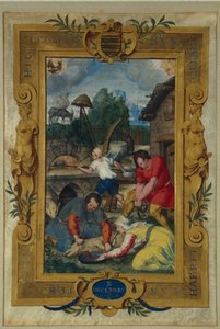 Strona kalendarza na grudzień, ubój świni, z księgi godzin, ok. 1550-60 r. autorstwa Maitre des Heures de Claude Gouffier