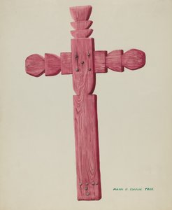 Czerwony drewniany krzyż używany jako nagrobek, c. 1937. autorstwa Majel G. Claflin