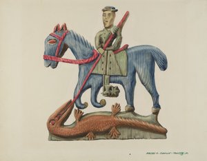 Święty Jerzy i smok, wyrzeźbiony z deski - malowany, ok. 1900 r. 1938. autorstwa Majel G. Claflin