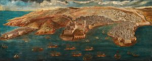 Widok na Fort Ricasoli, zamek St Angelo, LIsola i linie Cotonera z Valletty, 1679