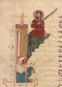 Zegar świecowy, folio z Kitab fi ma`arifat al-hiyal al-handisaya (Księga wiedzy o pomysłowych urządzeniach mechanicznych) Automata al-Jazari (zm. 1206) (tusz, nieprzezroczysta akwarela i złoto na papierze) autorstwa Mamluk Sultanate school
