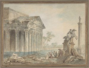 Architektoniczne Capriccio z rzymskimi pomnikami i praczkami, b.d. autorstwa Manner of Hubert Robert
