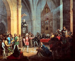 Krzysztof Kolumb podczas lektury Royal Pragmatic, fragment obrazu Manuela Cabrala y Aguado Bejarano. 19 wiek