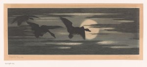 Trzy kaczki przechodzące obok zachodzącego słońca autorstwa Marc Henry Meunier (attributed to)