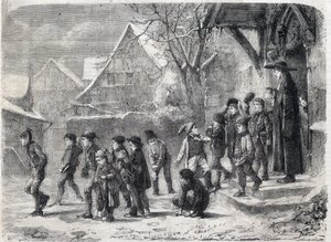 Zimą poza szkołą. Grawer wg obrazu M. B. Vautiera w „The Universe Illustrous” autorstwa Marc Louis Benjamin (after) Vautier